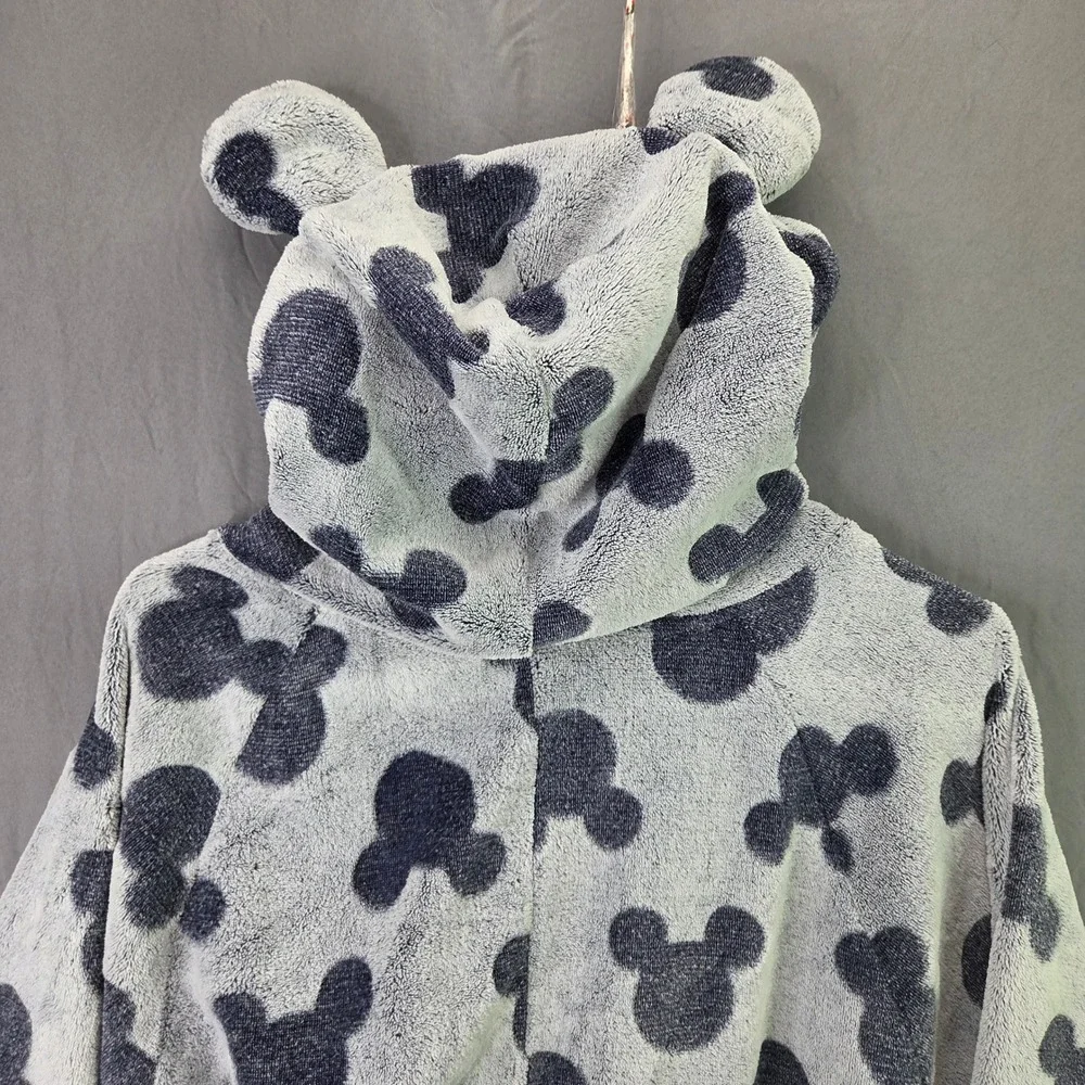 Disney Mickey Mouse Fleece Onesie Union Suit Womens L Grey Navy Excellent Hood - Picture 14 of 15